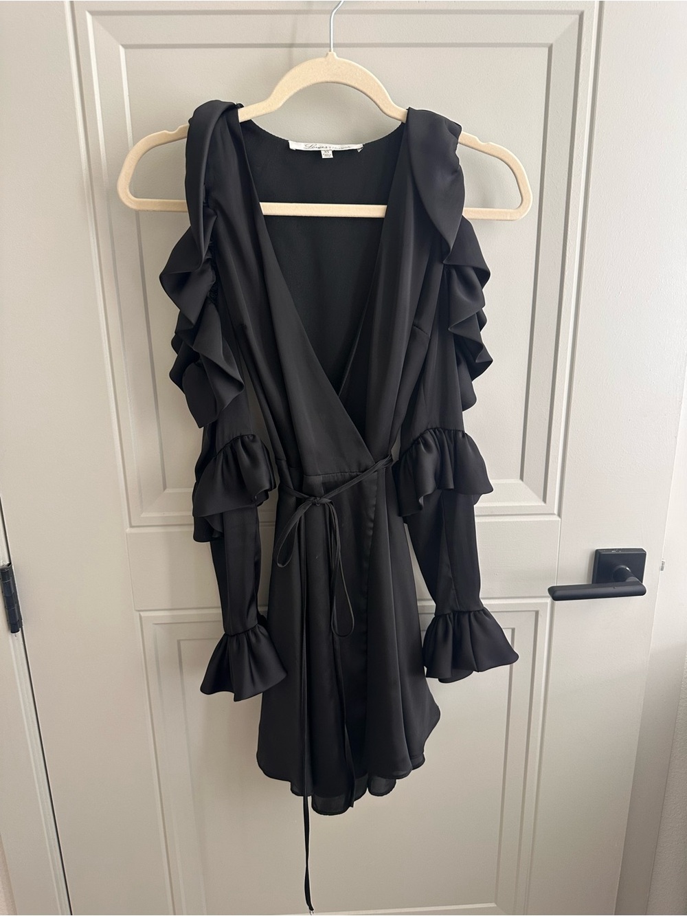 Lovers + Friends Black Ruffle Wrap Long-Sleeve Dress